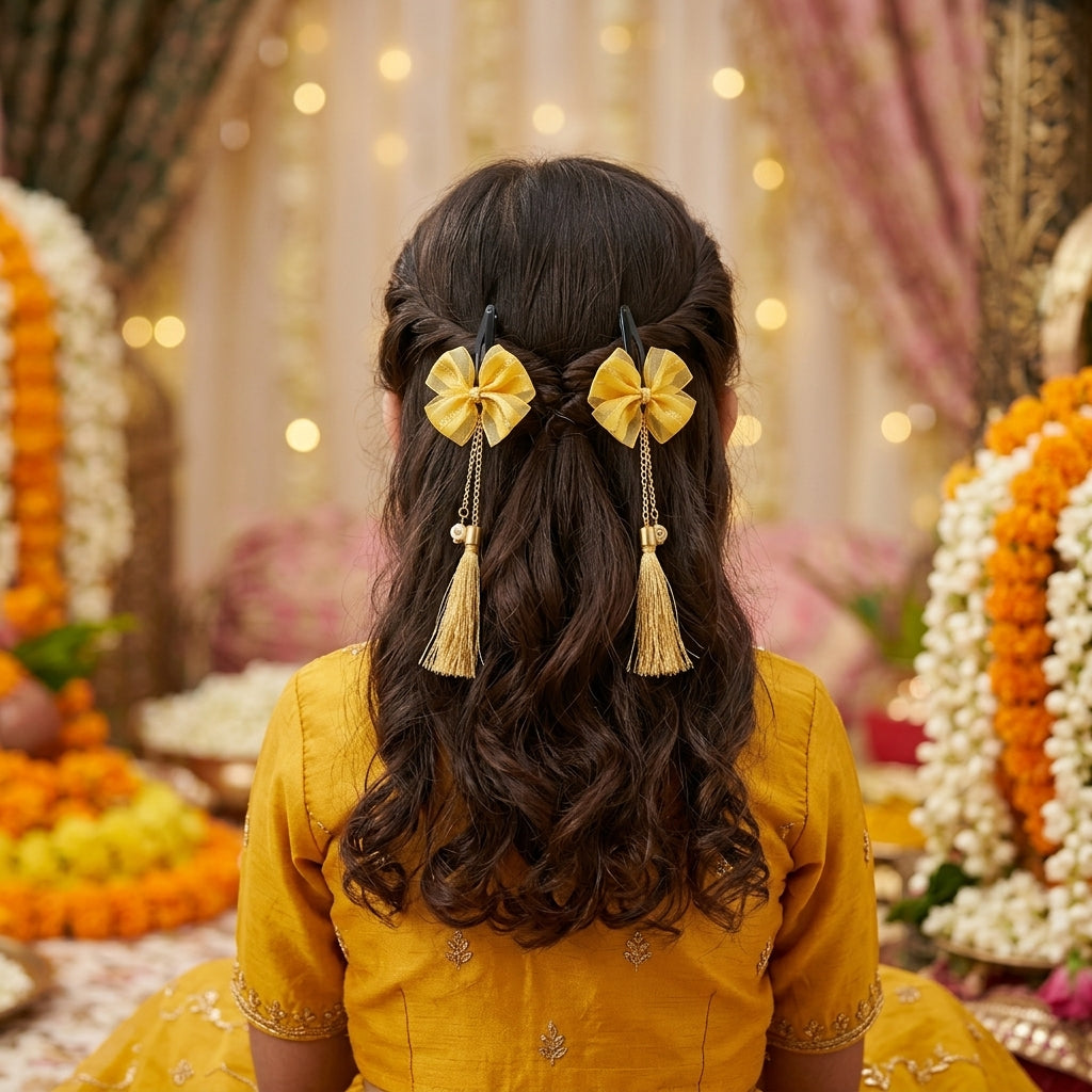 Combo - A festive set of 1 pair golden beaded tassle earrings & 1 matching tic tacs with bows (4 Qty) - Golden