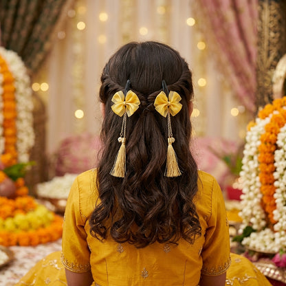 Combo - A festive set of 1 pair golden beaded tassle earrings & 1 matching tic tacs with bows (4 Qty) - Golden