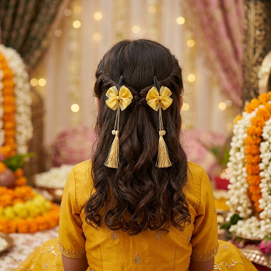 Combo - A festive set of 1 pair golden beaded tassle earrings & 1 matching tic tacs with bows (4 Qty) - Golden