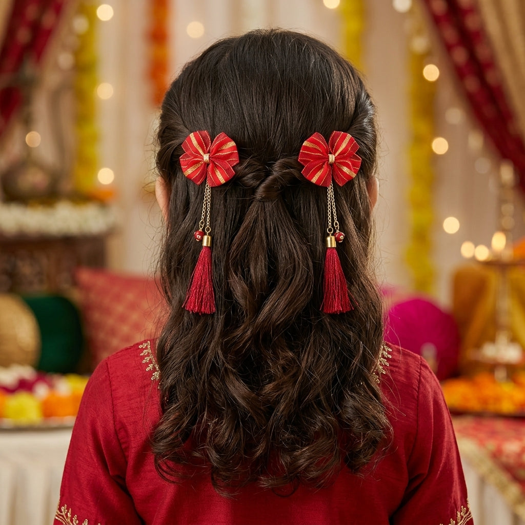 Combo - A festive set of 1 pair red beaded tassle earrings & 1 matching tic tacs with bows (4 Qty) - Red