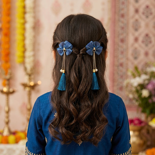 Combo - A festive set of 1 pair navy blue beaded tassle earrings & 1 matching tic tacs with bows (4 Qty) - Navy Blue