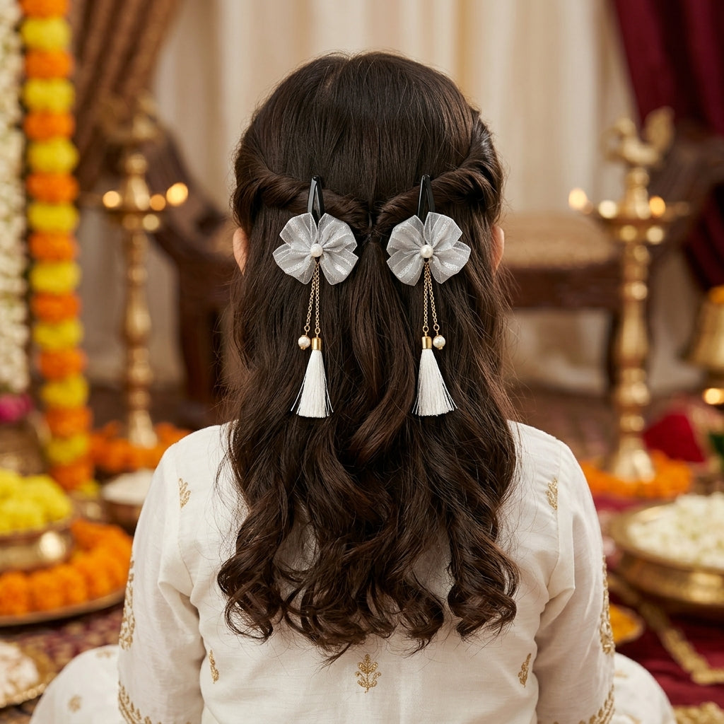 Combo - A festive set of 1 pair white beaded tassle earrings & 1 matching tic tacs with bows (4 Qty) - White