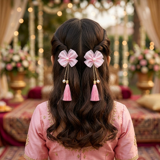 Combo - A festive set of 1 pair pink beaded tassle earrings & 1 matching tic tacs with bows (4 Qty) - Pink