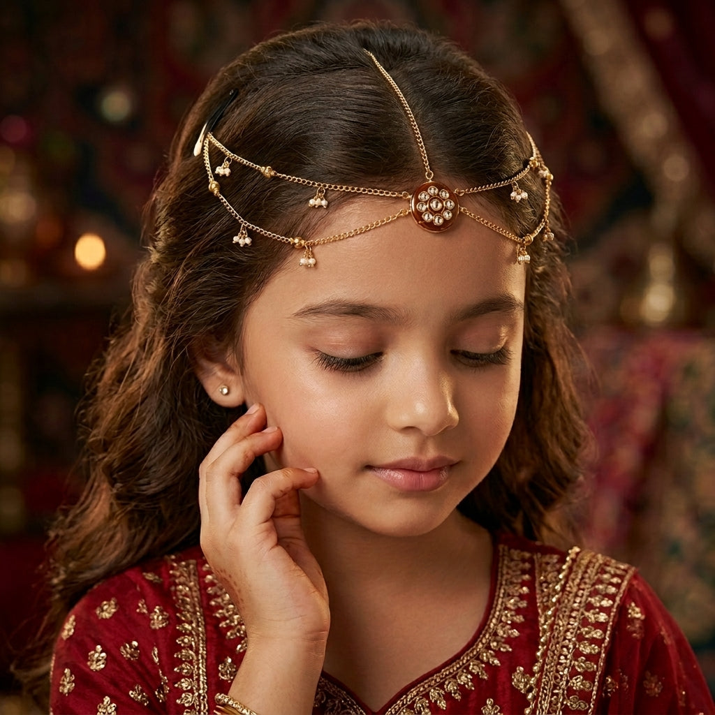 Combo - A festive set of 1 pair golden and white beaded earrings, 1 necklace, 1 bracelet & 1 head-chain (maang -tikka) with tic tacs (3 Qty) - Golden, White