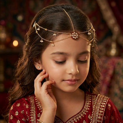 Combo - A festive set of 1 pair golden and white beaded earrings, 1 necklace, 1 bracelet & 1 head-chain (maang -tikka) with tic tacs (3 Qty) - Golden, White