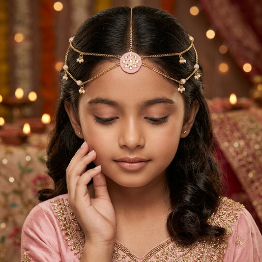 Festive light pink head-chain (maang-tikka) with tic-tac pins (1 Qty) - Light Pink
