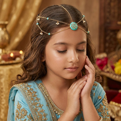 Combo - A festive set of 1 pair sea green beaded earrings, 1 necklace, 1 bracelet & 1 head-chain (maang -tikka) with tic tacs (3 Qty) -Sea Green