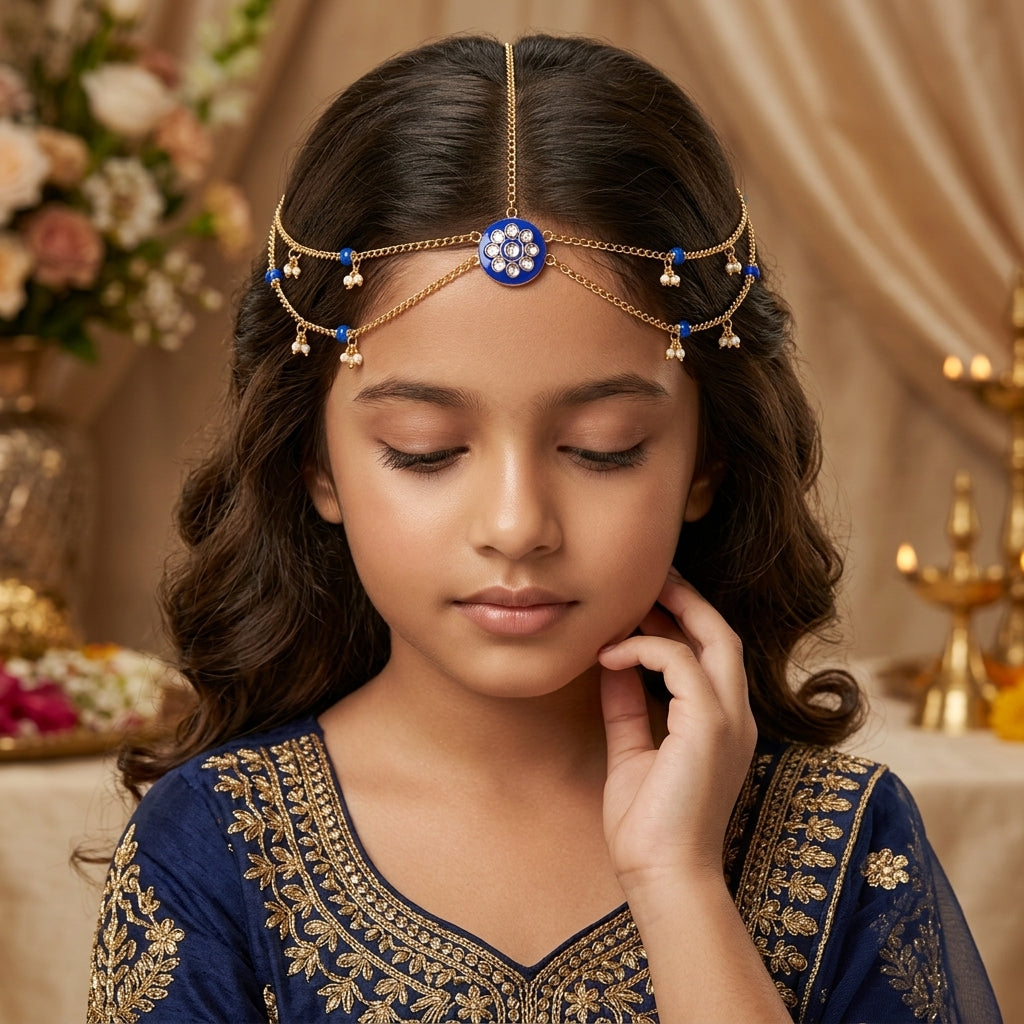 Combo - A festive set of 1 pair white and blue beaded earrings, 1 necklace, 1 bracelet & 1 head-chain (maang -tikka) with tic tacs (3 Qty) -White, Blue