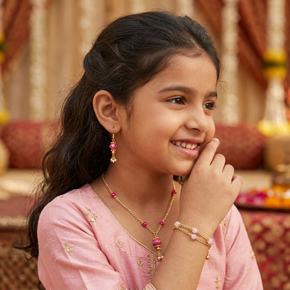 Combo - A festive set of 1 pair pink and golden  beaded earrings, 1 necklace, 1 bracelet & 1 head-chain (maang -tikka) with tic tacs (3 Qty) - Pink, Golden