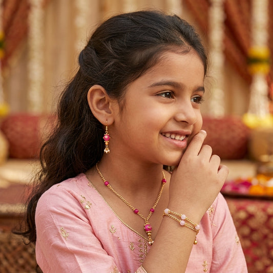 Combo - A festive set of 1 pair pink and golden  beaded earrings, 1 necklace, 1 bracelet & 1 head-chain (maang -tikka) with tic tacs (3 Qty) - Pink, Golden