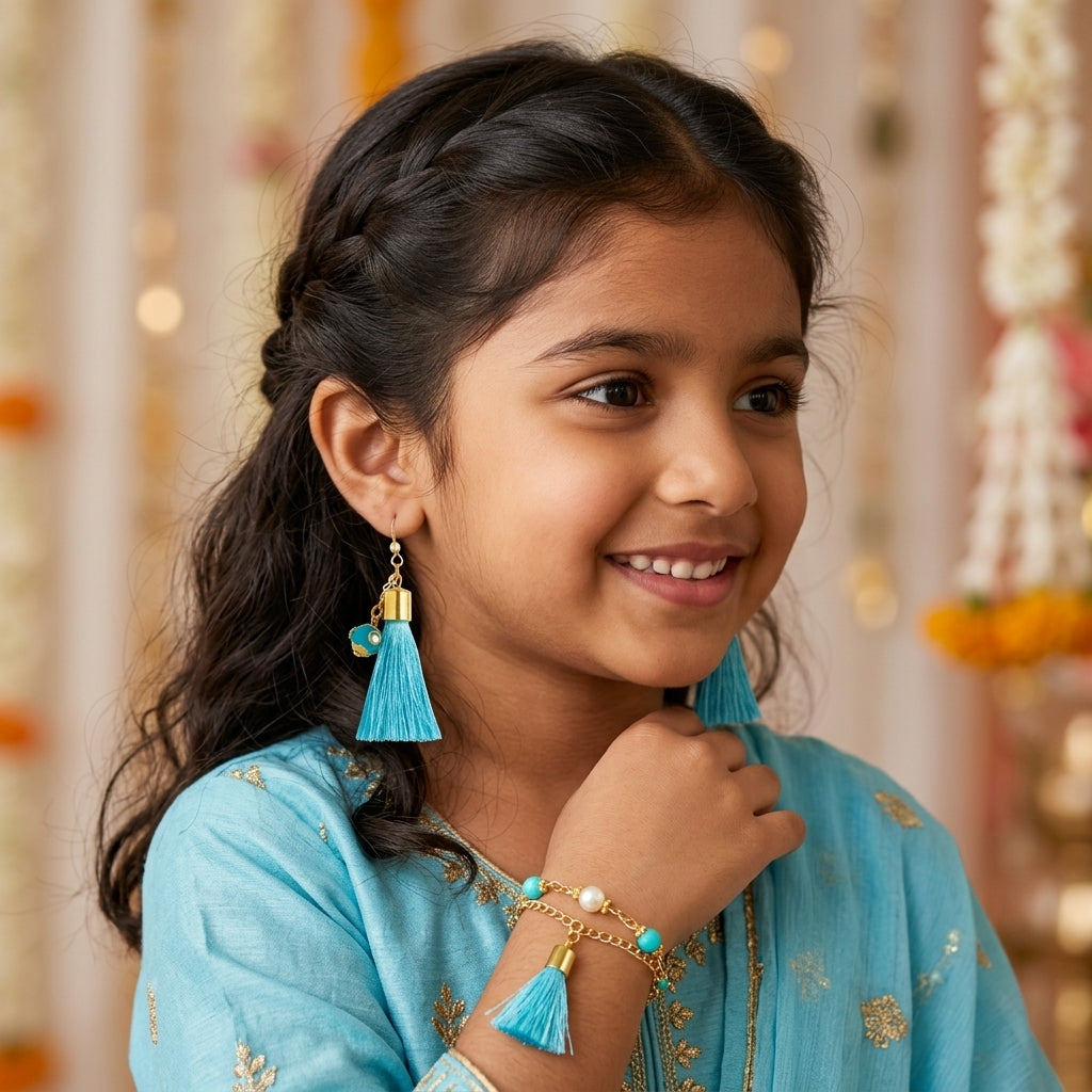 Combo - A festive set of 1 pair light blue beaded tassle with chain earrings & 1 matching bracelet (3 Qty) - Light Blue