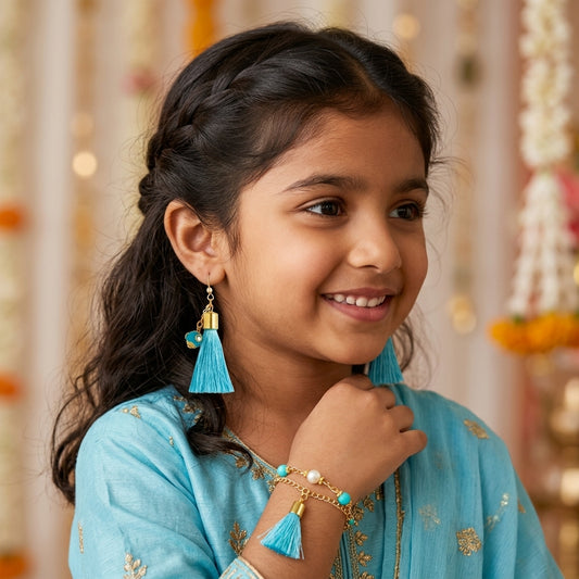 Combo - A festive set of 1 pair light blue beaded tassle earrings & 1 matching bracelet (3 Qty) - Light Blue