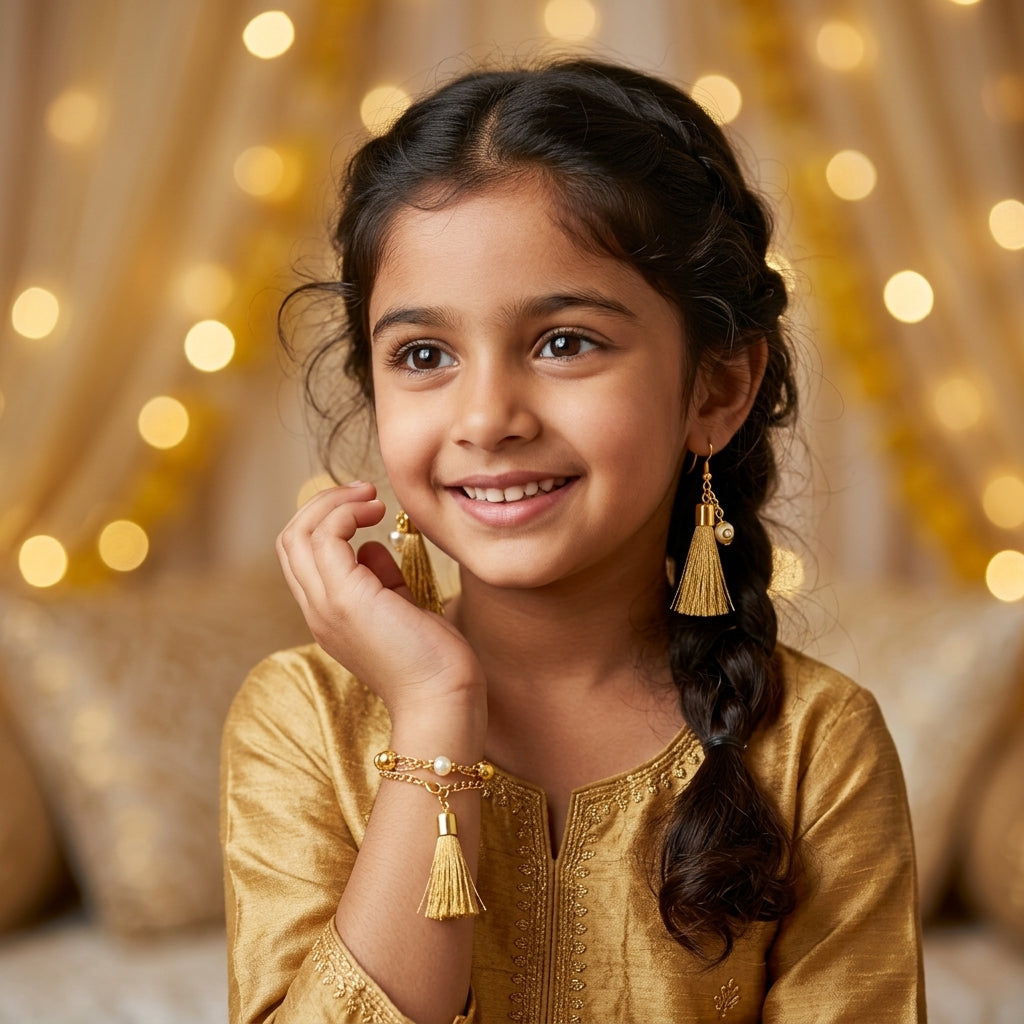 Combo - A festive set of 1 pair golden beaded tassle earrings & 1 matching bracelet (3 Qty) - Golden