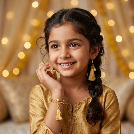 Combo - A festive set of 1 pair golden beaded tassle earrings & 1 matching bracelet (3 Qty) - Golden