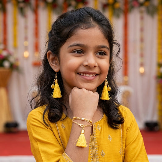 Combo - A festive set of 1 pair yellow beaded tassle earrings & 1 matching bracelet (3 Qty) - Yellow
