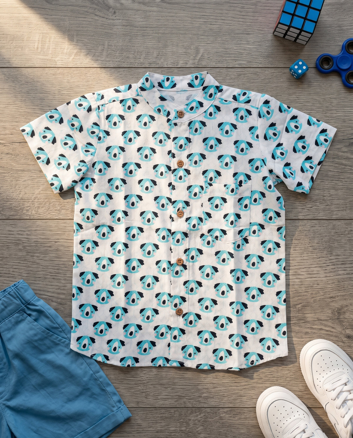 Ribbon Candy - Blue Pig Print Shirt - 100% Cotton