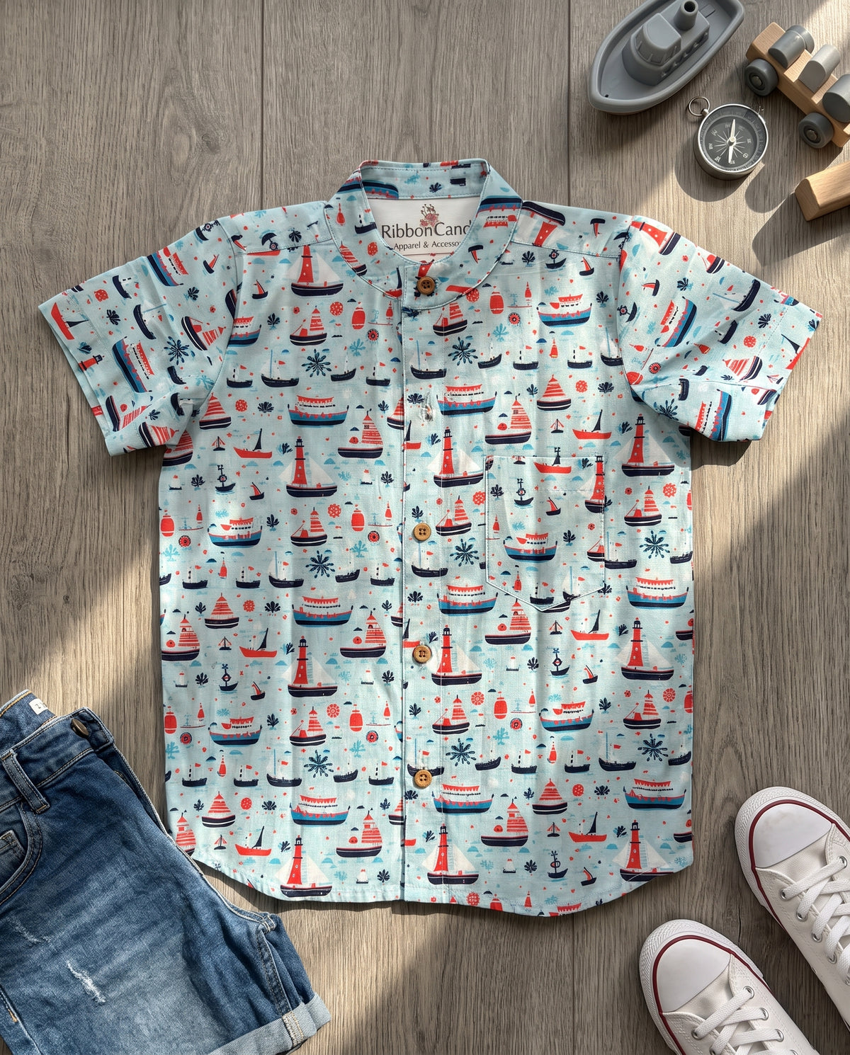 Ribbon Candy - Sailboat & Lighthouse Print Shirt - 100% Cotton