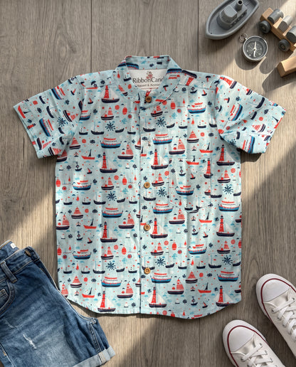 Ribbon Candy - Sailboat & Lighthouse Print Shirt - 100% Cotton