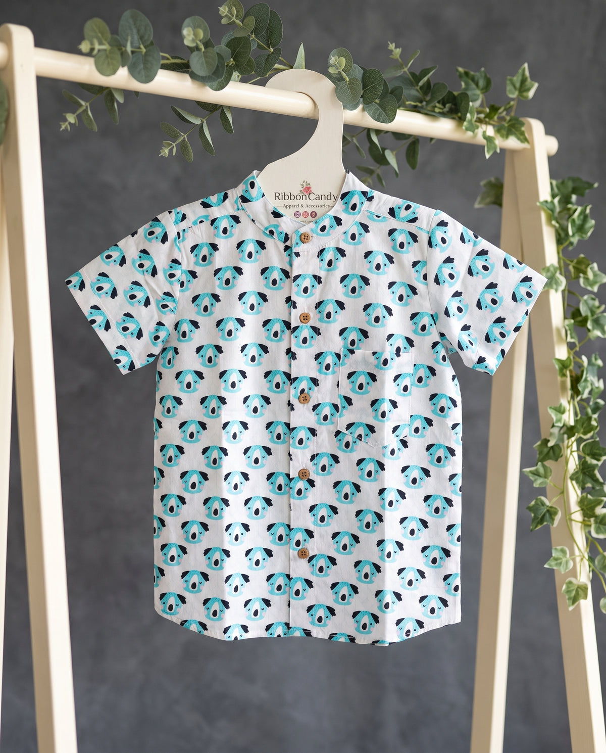 Ribbon Candy - Blue Pig Print Shirt - 100% Cotton