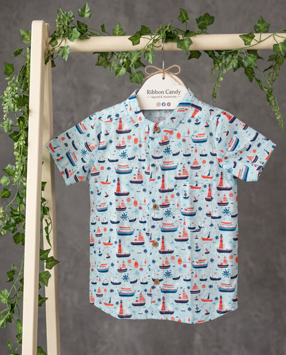 Ribbon Candy - Sailboat & Lighthouse Print Shirt - 100% Cotton