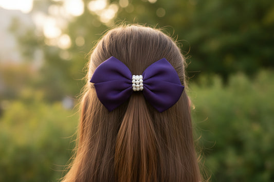 Pearl Detailed Cute Satin Bow on Alligator clipn - Dark Purple