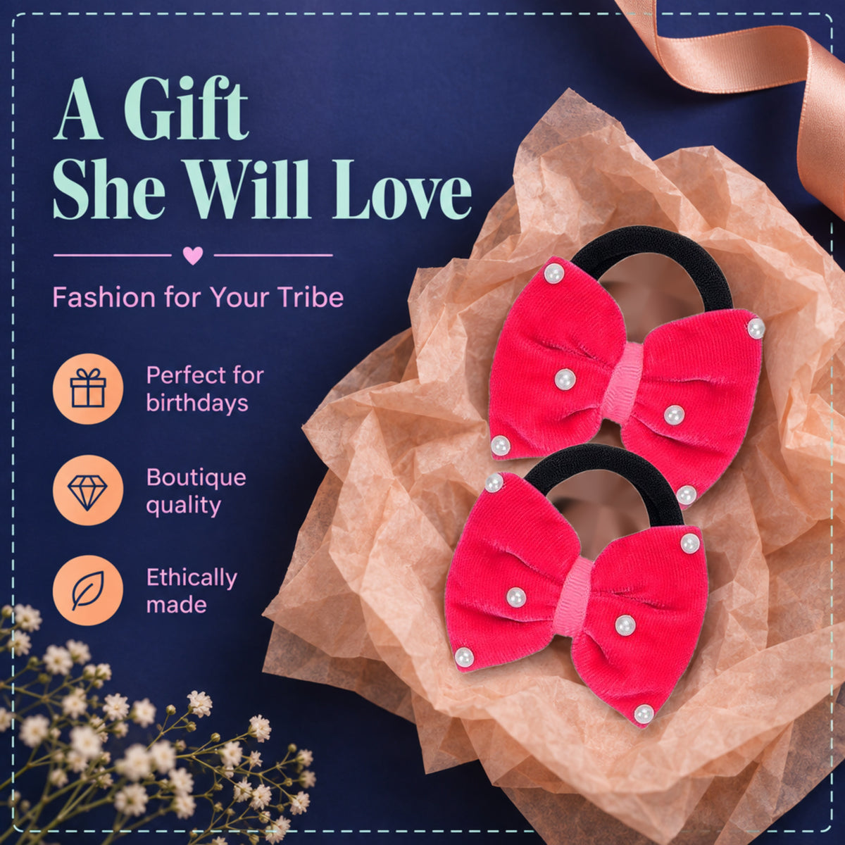 Velvet bow on rubberbands with pearls - Rose pink
