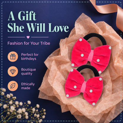 Velvet bow on rubberbands with pearls - Rose pink