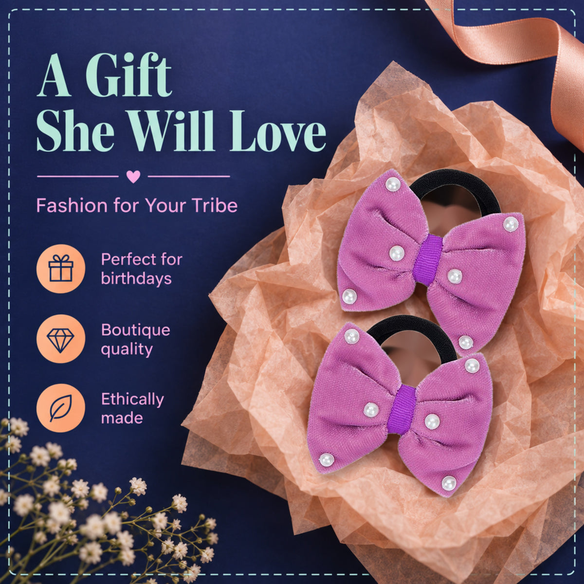 Velvet bow on rubberbands with pearls - Purple
