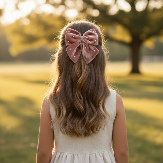 Velvet Party Bow With Pearl Ditailing on Alligator Pin - Dusty Pink