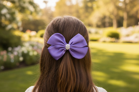 Pearl Detailed Cute Satin Bow on Alligator clip - Purple
