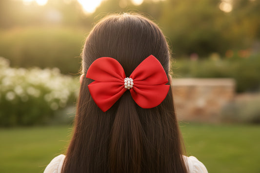 Pearl Detailed Cute Satin Bow on Alligator clip - Red