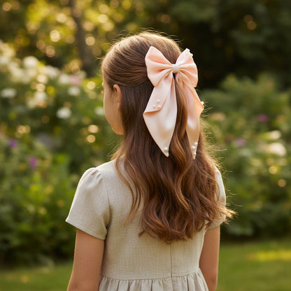 Big fancy satin bow on alligator clip embellished with pearls - Peach