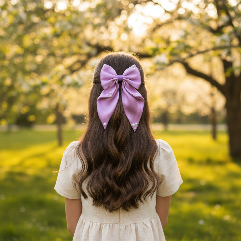 Big fancy satin bow on alligator clip embellished with pearls - Light Purple