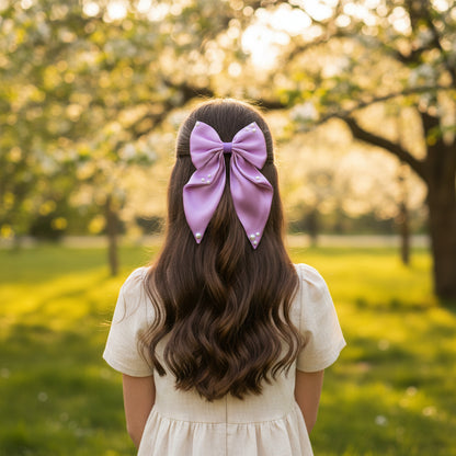 Big fancy satin bow on alligator clip embellished with pearls - Light Purple