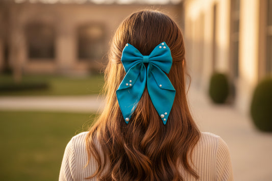Big fancy satin bow on alligator clip embellished with pearls - Blue.