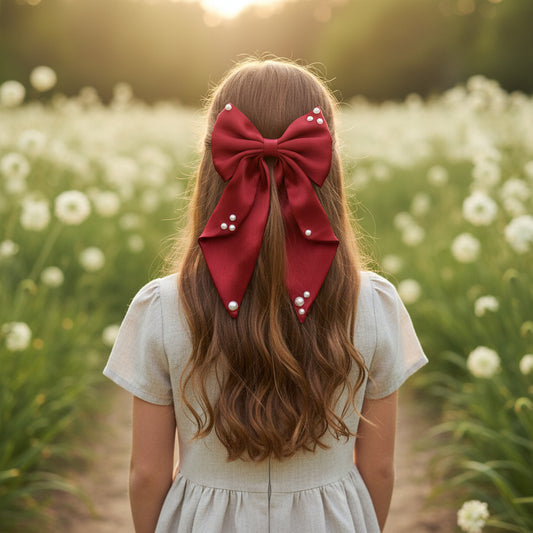 Big fancy satin bow on alligator clip embellished with pearls - Maroon