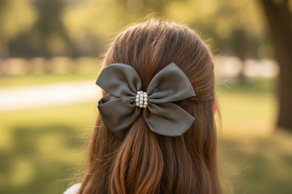 Pearl Detailed Cute Satin Bow on Alligator clip - Grey
