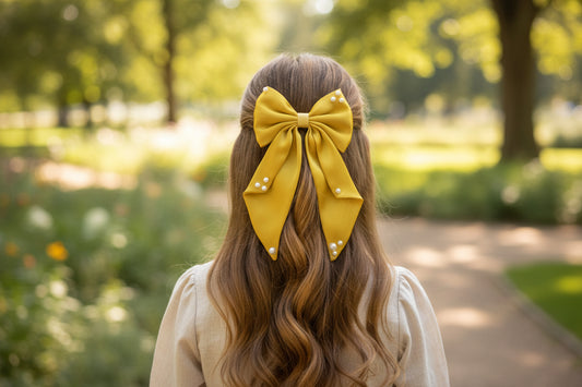 Big fancy satin bow on alligator clip embellished with pearls - Yellow
