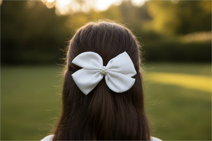 Pearl Detailed Cute Satin Bow on Alligator clip