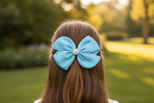 Pearl Detailed Cute Satin Bow on Alligator clip - Blue