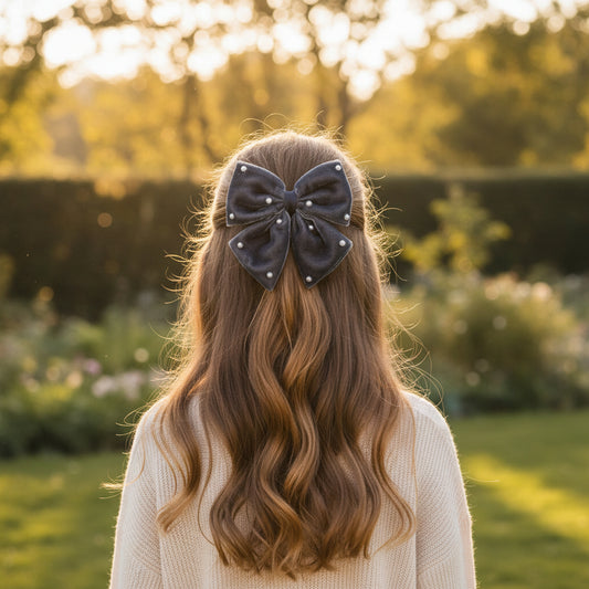 Velvet Party Bow With Pearl Ditailing on Alligator Pin - Grey