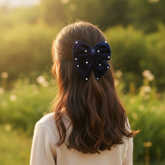 Velvet Party Bow With Pearl Ditailing on Alligator Pin - Navy Blue