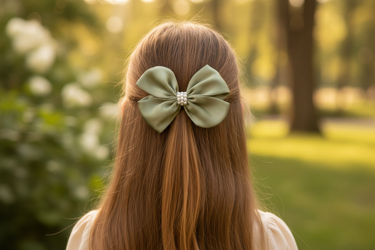 Pearl Detailed Cute Satin Bow on Alligator clip - Olive Green