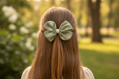 Pearl Detailed Cute Satin Bow on Alligator clip - Olive Green