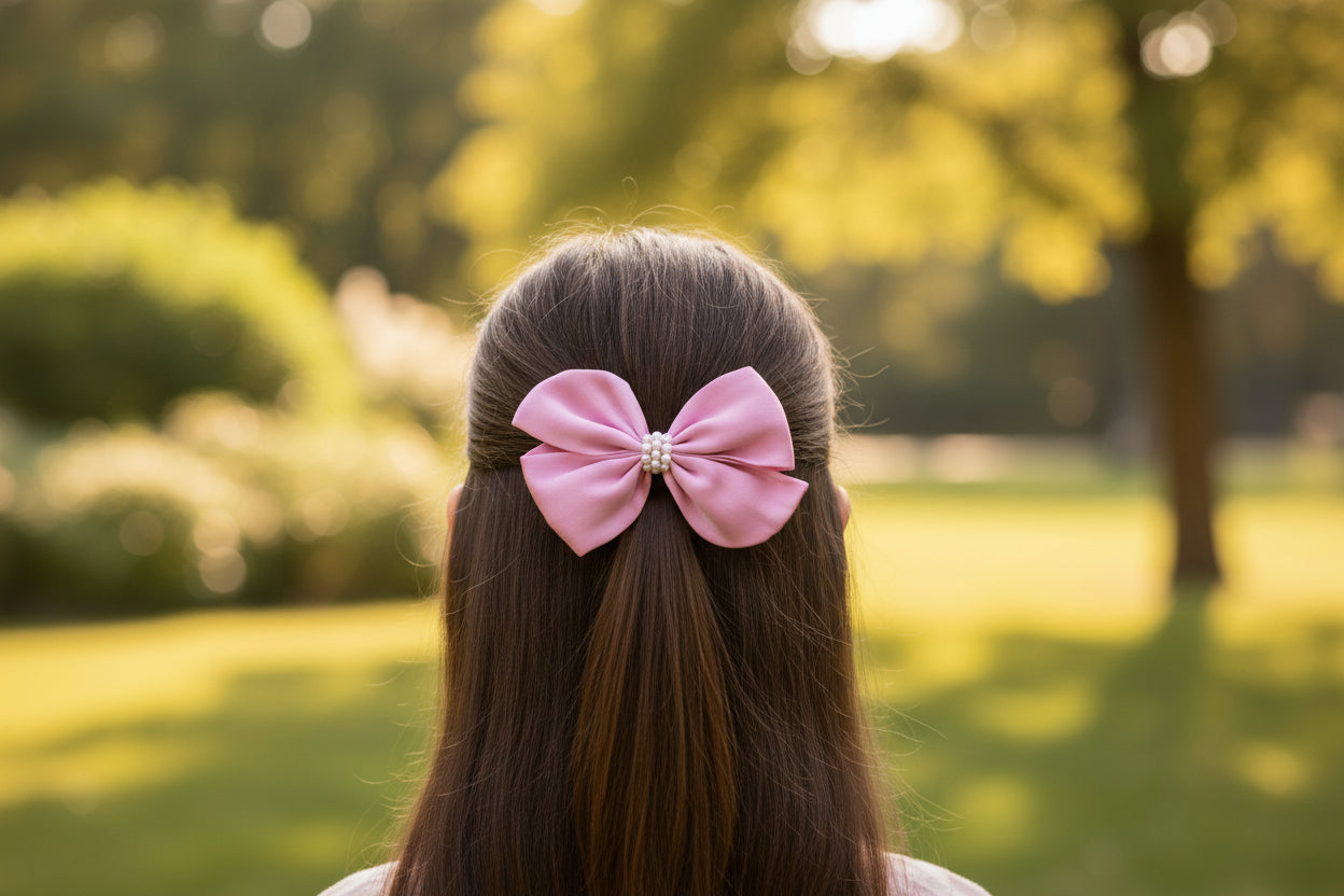 Pearl Detailed Cute Satin Bow on Alligator clip - Lavender