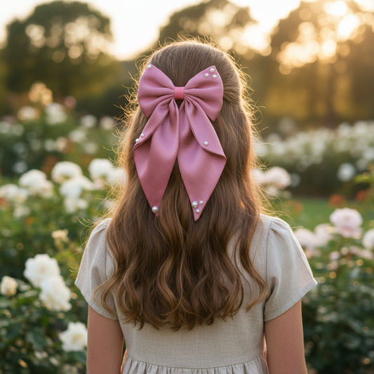 Big fancy satin bow on alligator clip embellished with pearls - Rose Pink
