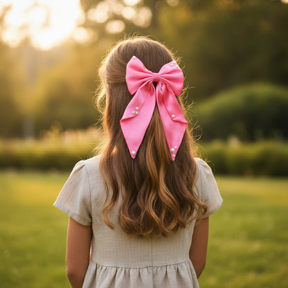 Big fancy satin bow on alligator clip embellished with pearls - Fluorescent Pink