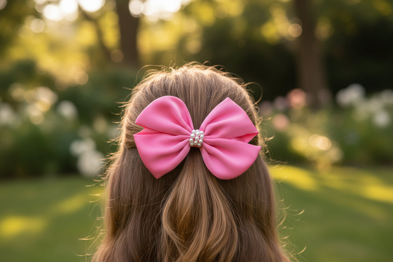 Pearl Detailed Cute Satin Bow on Alligator clip - Fluorescen pink