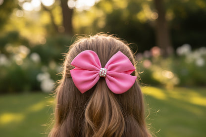 Pearl Detailed Cute Satin Bow on Alligator clip - Fluorescen pink