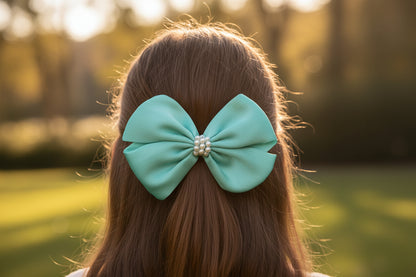 Pearl Detailed Cute Satin Bow on Alligator clip - Sea Green